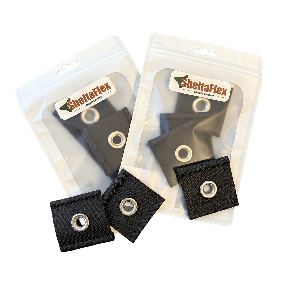 SheltaFlex Kederclips Set mit zwei Verpackungen und drei schwarzen Kederclips mit Metallösen.