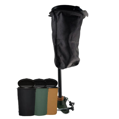 Flextrash Abfallbehaelter in Graceful Grey an der SheltaFlex Carbon-Teleskopstange mit den Farbvarianten Boldly Black, Forest Green und Sandy Brown