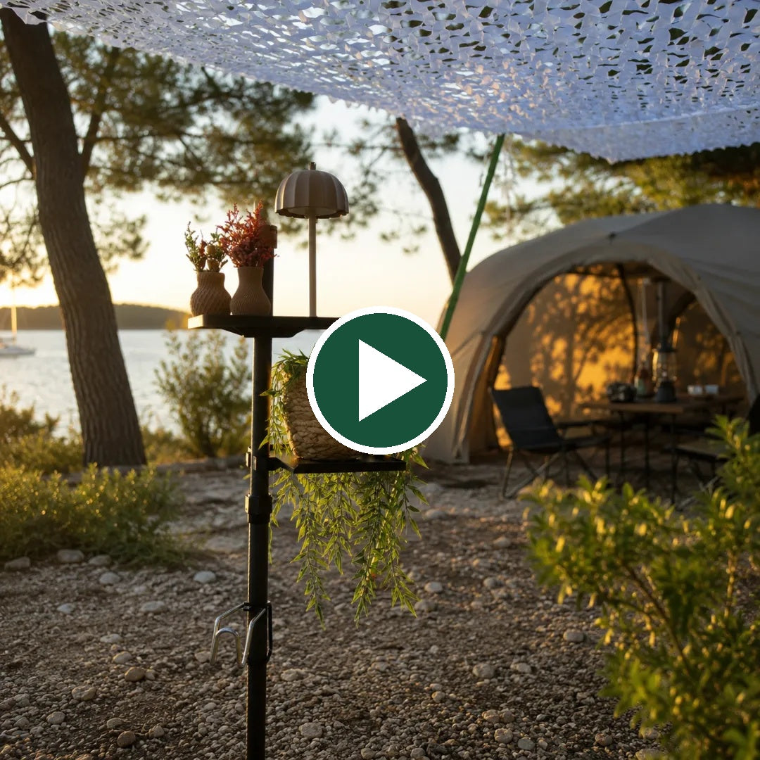 SheltaFlex Camping-Organizer mit Base, Carbonstange, Ablage und Haken für Wohnmobil, Wohnwagen und Outdoor-Küche.