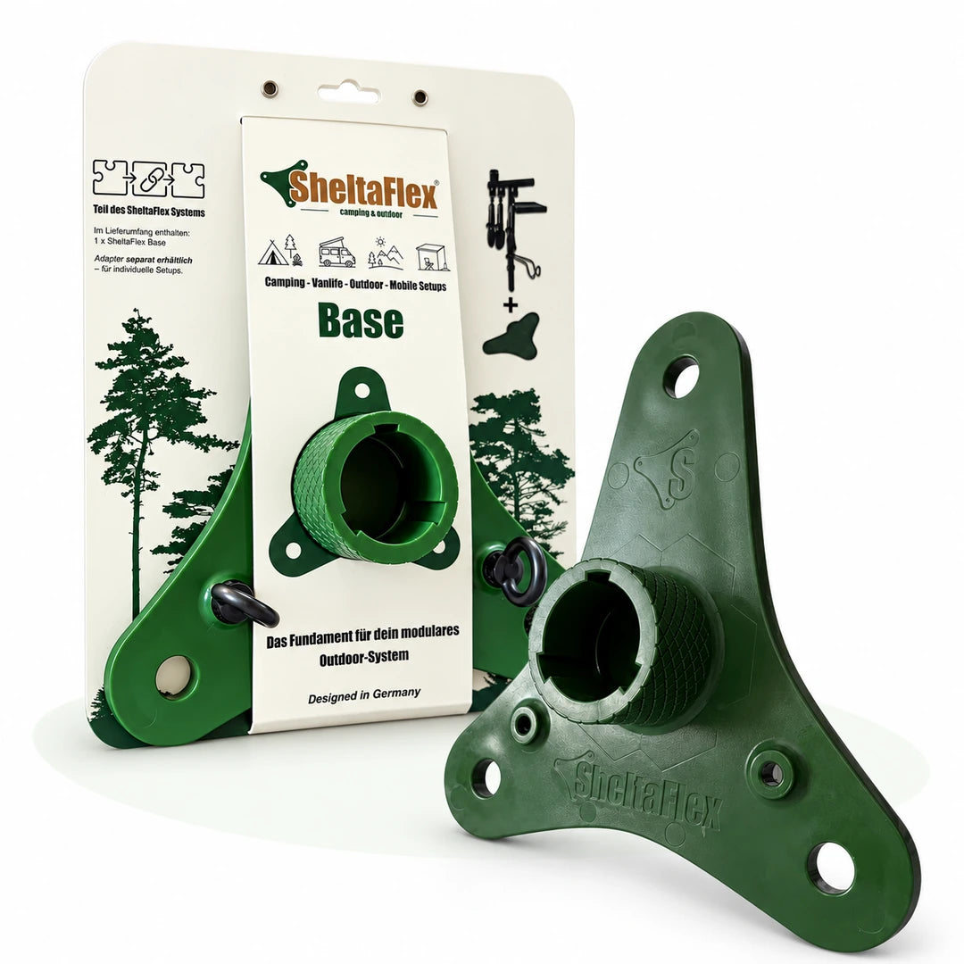 SheltaFlex Base mit Produktverpackung und grüner Bodenhalterung für das Camping-System