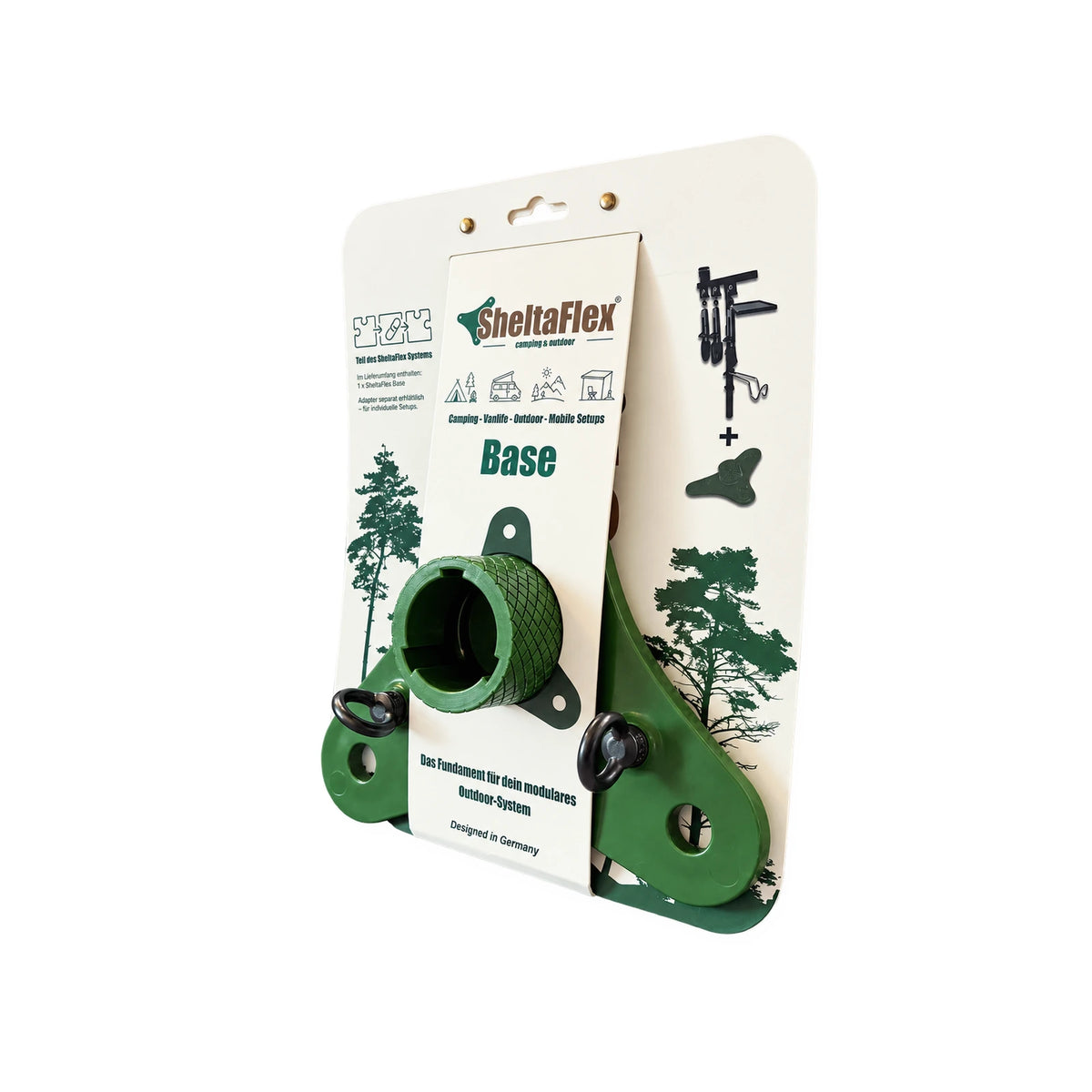 SheltaFlex Base mit Produktverpackung, grüner Bodenhalterung und zwei schwarzen Ringschrauben, Frontansicht rechts