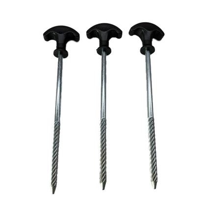 SheltaFlex Erdanker-Set mit drei schwarzen Bodenankern für die Base auf weißem Hintergrund.