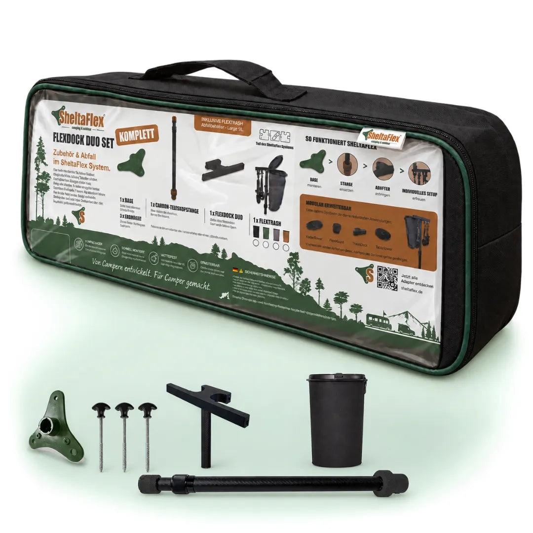 SheltaFlex FlexDock Duo Komplett-Set in der FlexBag mit Base, drei Erdankern, Carbon-Teleskopstange, FlexDock Duo und Flextrash 9 Liter.