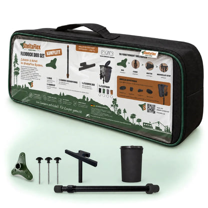 SheltaFlex FlexDock Duo Komplett-Set in der FlexBag mit Base, drei Erdankern, Carbon-Teleskopstange, FlexDock Duo und Flextrash 9 Liter.