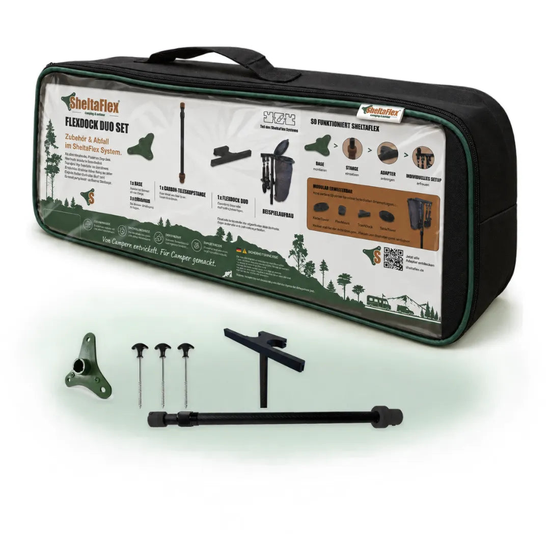SheltaFlex FlexDock Duo Set in der FlexBag mit Base, drei Erdankern, Carbon-Teleskopstange und FlexDock Duo.