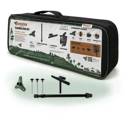 SheltaFlex FlexDock Duo Set in der FlexBag mit Base, drei Erdankern, Carbon-Teleskopstange und FlexDock Duo.