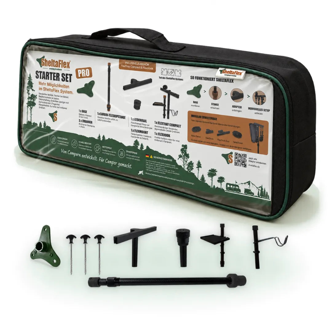 SheltaFlex Starter Set Pro in der FlexBag mit Base, drei Erdankern, Carbon-Teleskopstange, KederRail, FlexMount, FlexTray Compact und FlexHook.