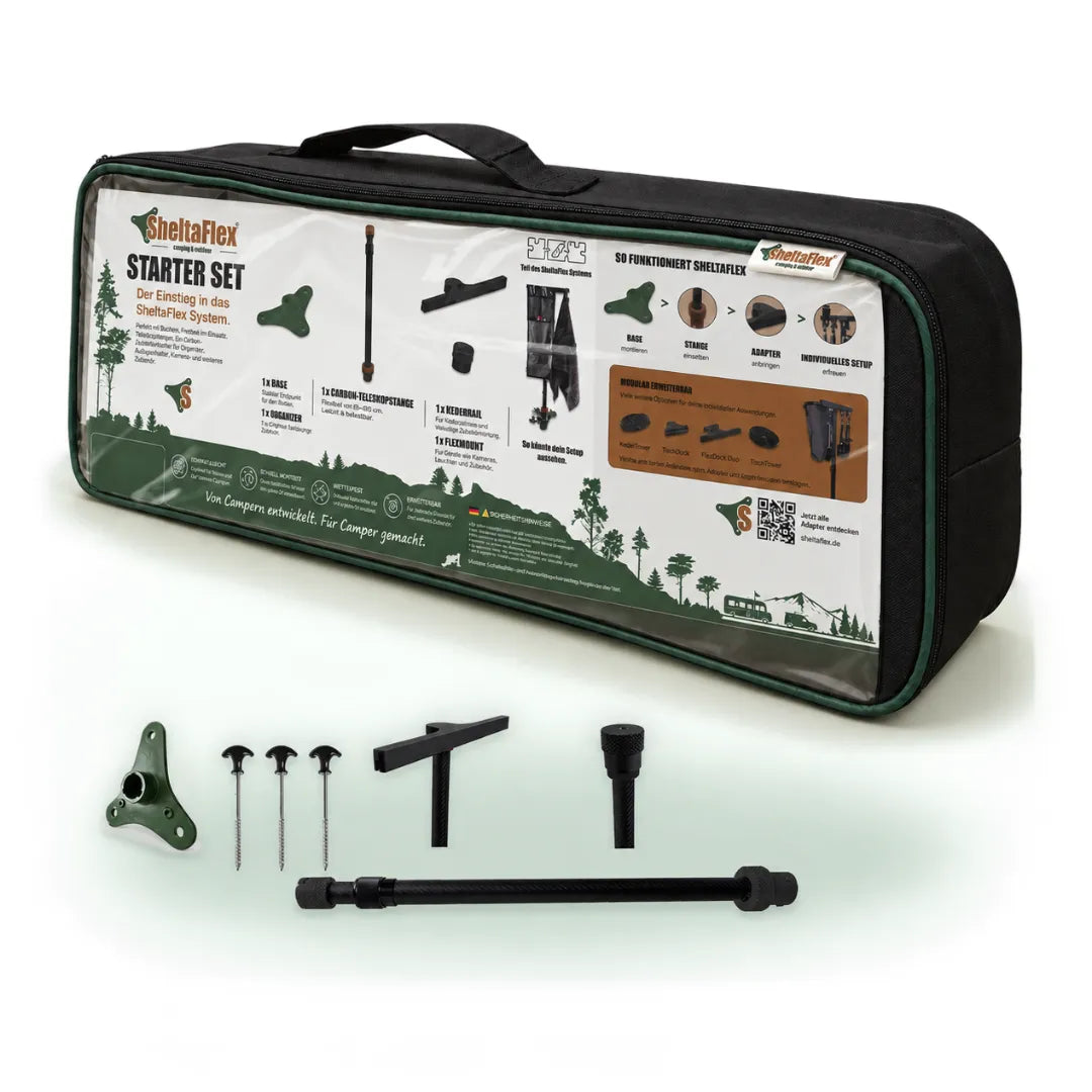 SheltaFlex Starter Set in der FlexBag mit Base, drei Erdankern, Carbon-Teleskopstange, KederRail und FlexMount.