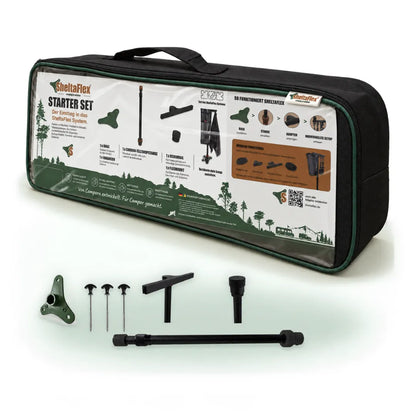 SheltaFlex Starter Set in der FlexBag mit Base, drei Erdankern, Carbon-Teleskopstange, KederRail und FlexMount.