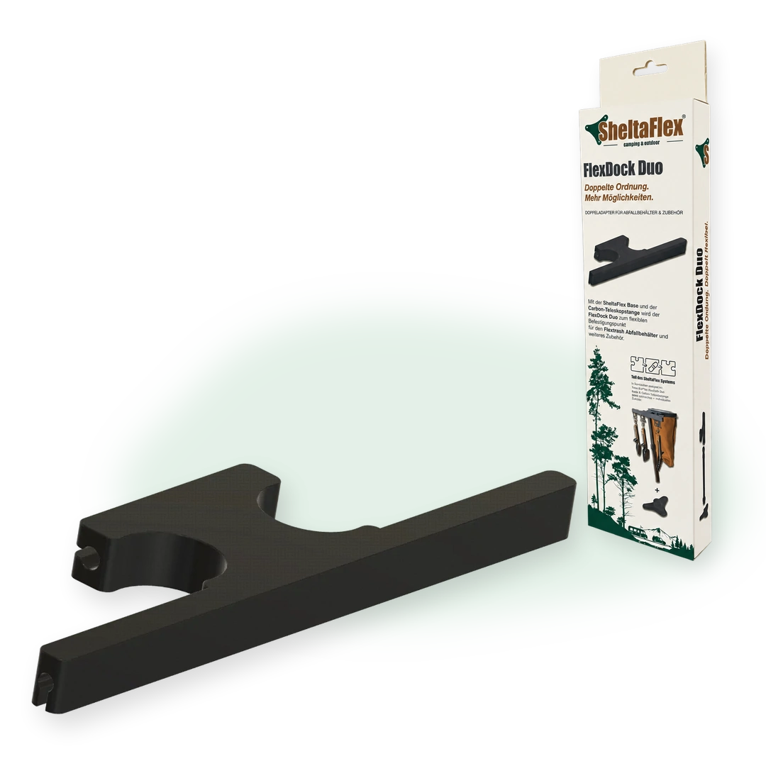 SheltaFlex FlexDock Duo mit Produktverpackung und schwarzem Doppeladapter aus PETG-CF