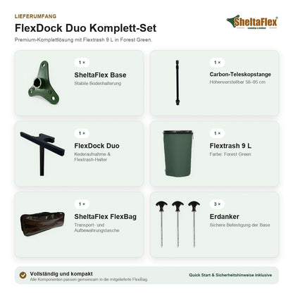 Lieferumfang des SheltaFlex FlexDock Duo Komplett-Sets mit Flextrash 9 Liter in Forest Green, Base, Carbon-Teleskopstange, FlexBag und Erdankern.