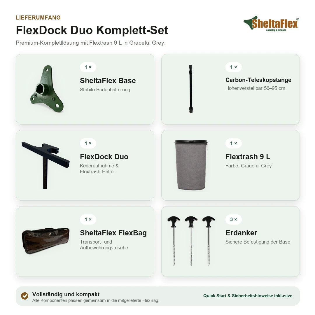 Lieferumfang des SheltaFlex FlexDock Duo Komplett-Sets mit Flextrash 9 Liter in Graceful Grey, Base, Carbon-Teleskopstange, FlexBag und Erdankern.