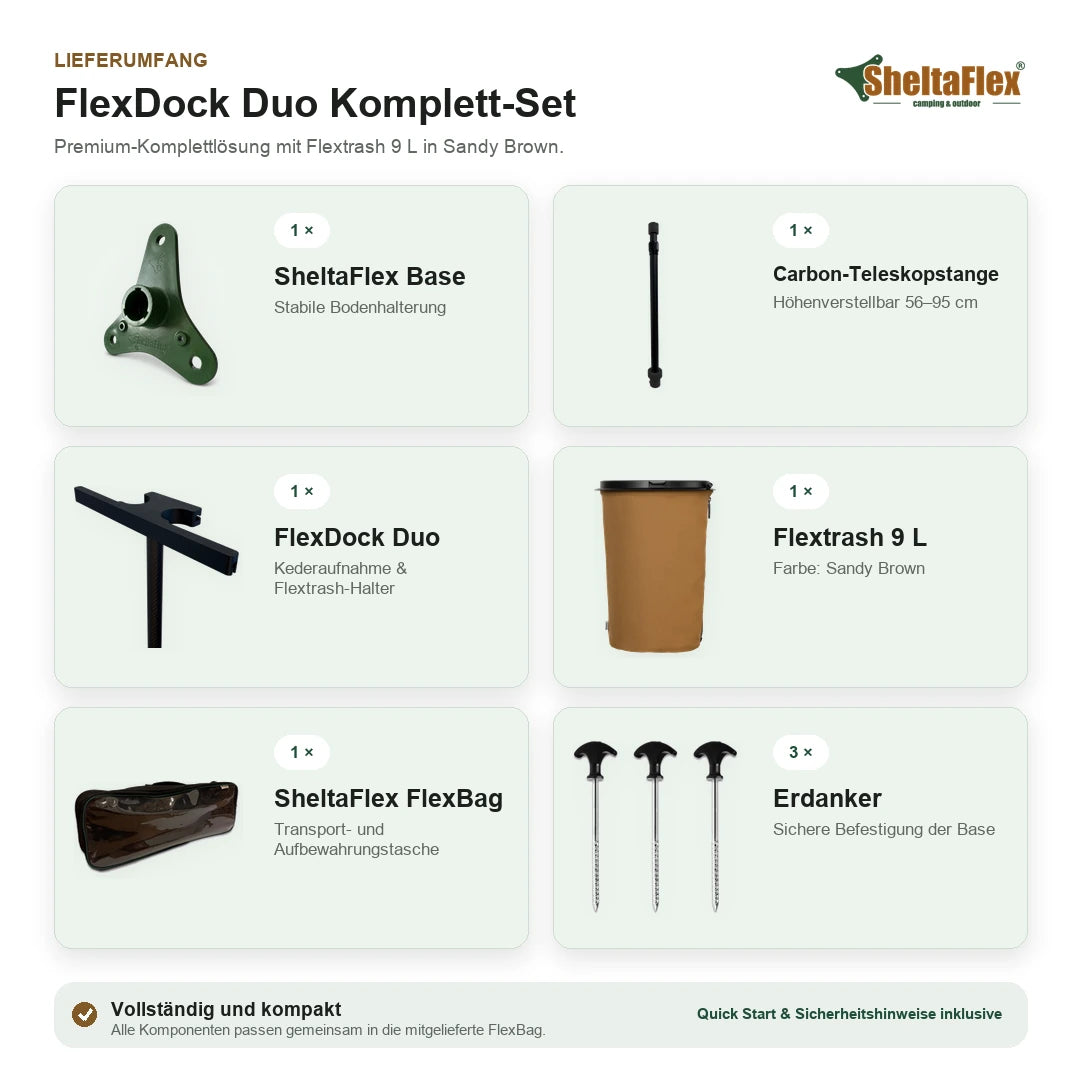 Lieferumfang des SheltaFlex FlexDock Duo Komplett-Sets mit Flextrash 9 Liter in Sandy Brown, Base, Carbon-Teleskopstange, FlexBag und Erdankern.