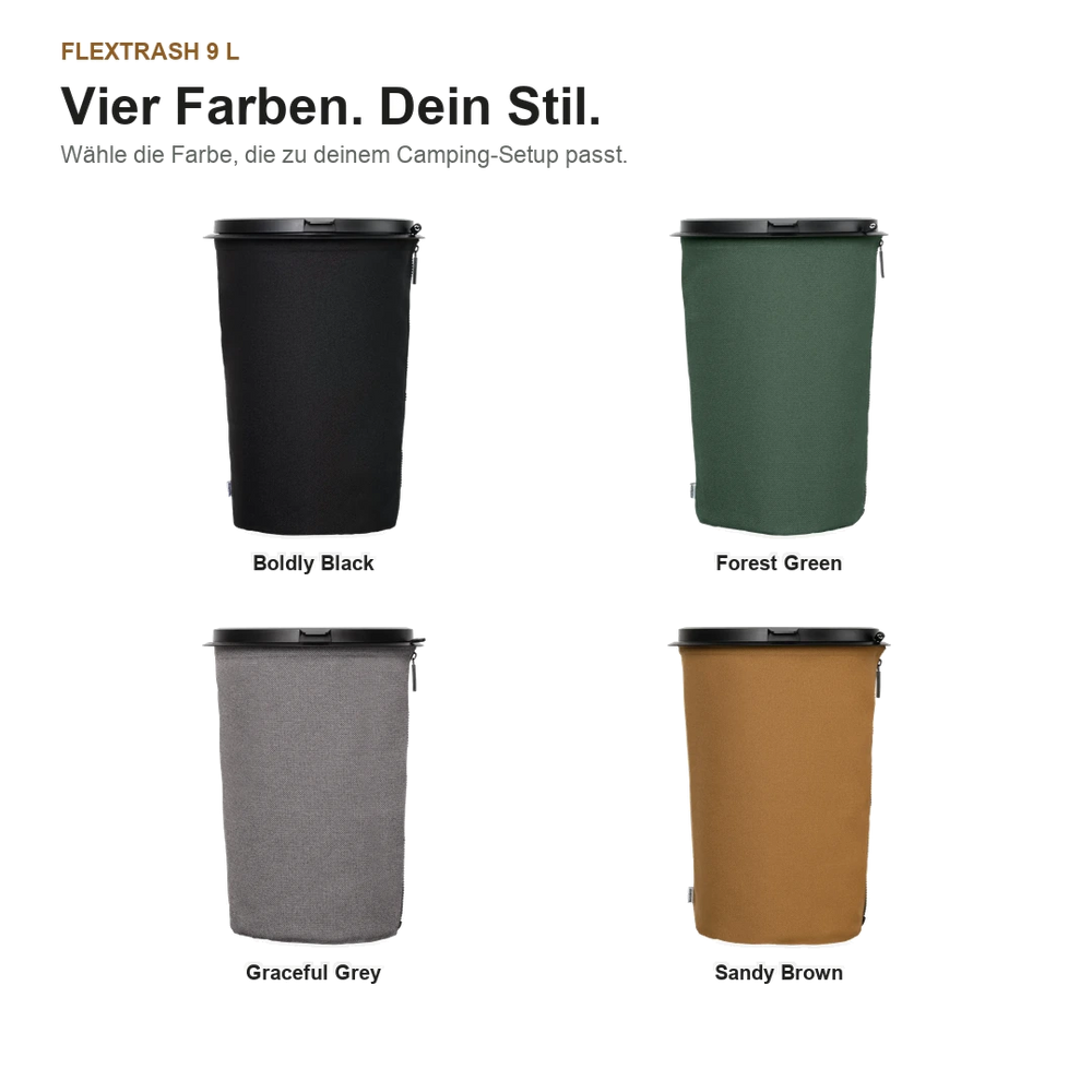 Vier Flextrash 9-Liter-Abfallbehälter in Boldly Black, Forest Green, Graceful Grey und Sandy Brown auf weißem Hintergrund.