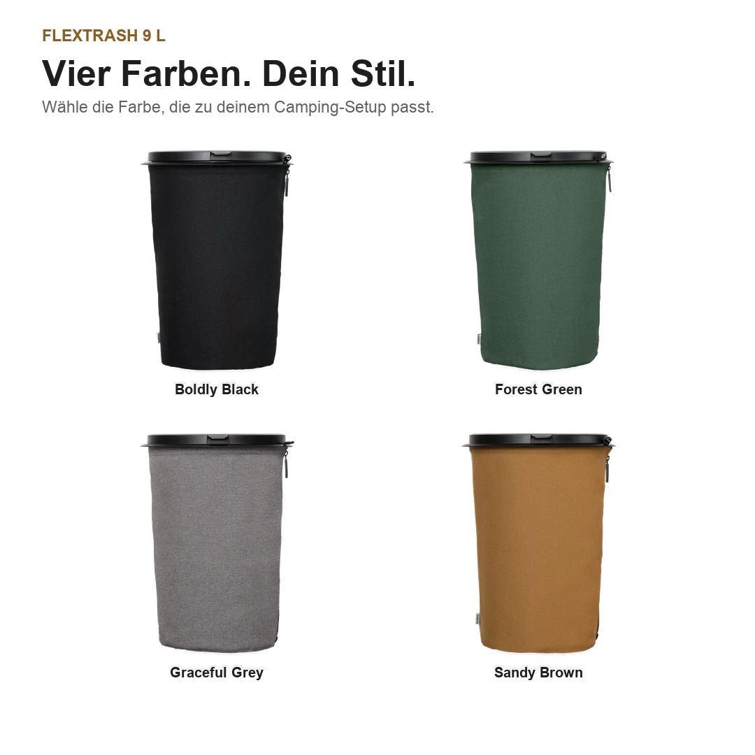 Vier Flextrash 9-Liter-Abfallbehälter in Boldly Black, Forest Green, Graceful Grey und Sandy Brown auf weißem Hintergrund.