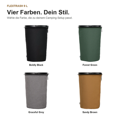 Vier Flextrash 9-Liter-Abfallbehälter in Boldly Black, Forest Green, Graceful Grey und Sandy Brown auf weißem Hintergrund.