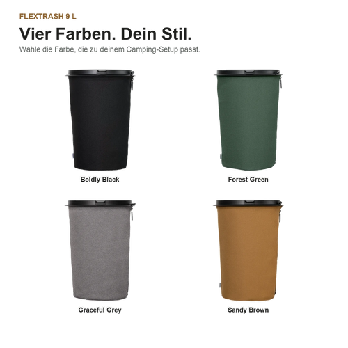Vier Flextrash 9-Liter-Abfallbehälter in Boldly Black, Forest Green, Graceful Grey und Sandy Brown auf weißem Hintergrund.