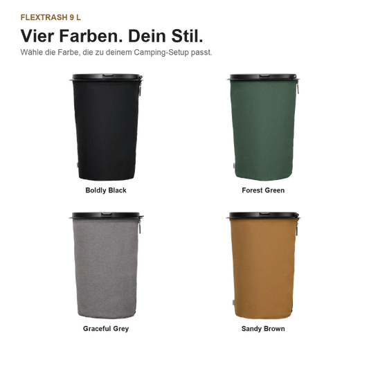 Vier Flextrash 9-Liter-Abfallbehälter in Boldly Black, Forest Green, Graceful Grey und Sandy Brown auf weißem Hintergrund.