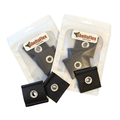 SheltaFlex Kederclips Set mit zwei Verpackungen und drei schwarzen Kederclips mit Metallösen.