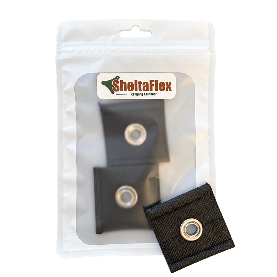 SheltaFlex Kederclips Set in Einzelverpackung mit schwarzem Kederclip und Metallöse, Frontansicht