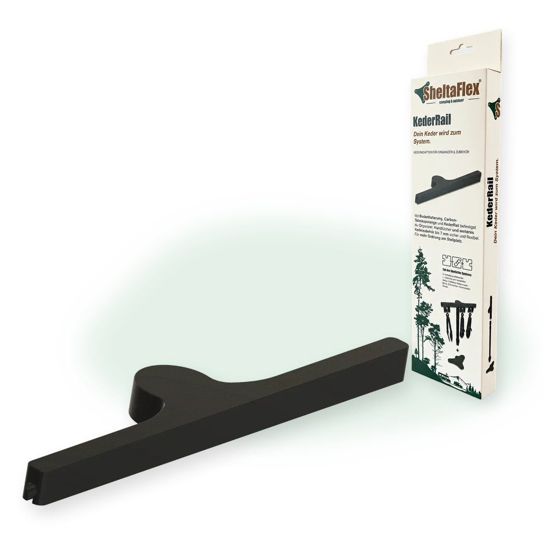 SheltaFlex KederRail mit Produktverpackung und schwarzem Kederadapter aus PETG-CF