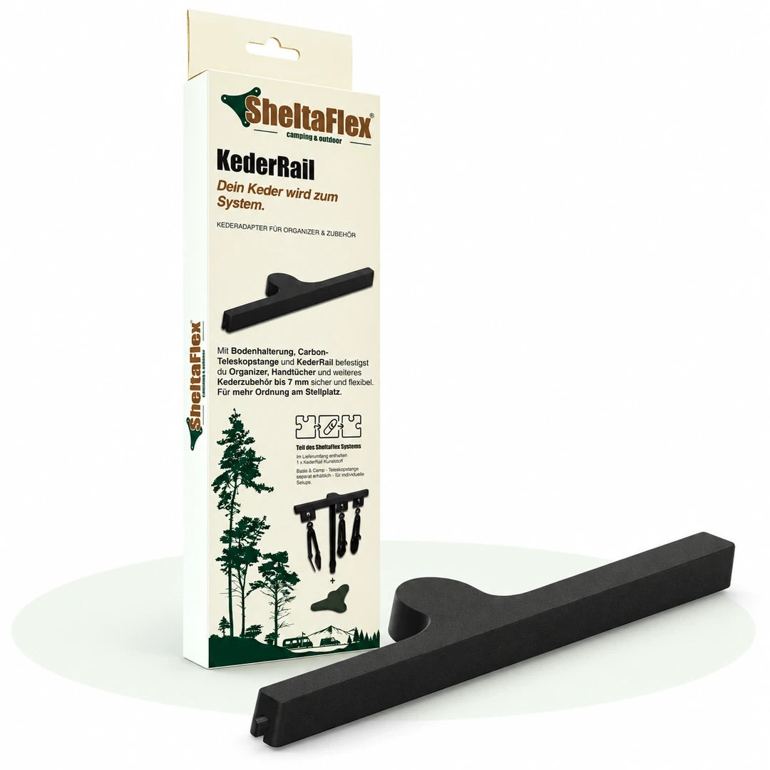 SheltaFlex KederRail mit Produktverpackung und schwarzem Kederadapter aus PETG-CF
