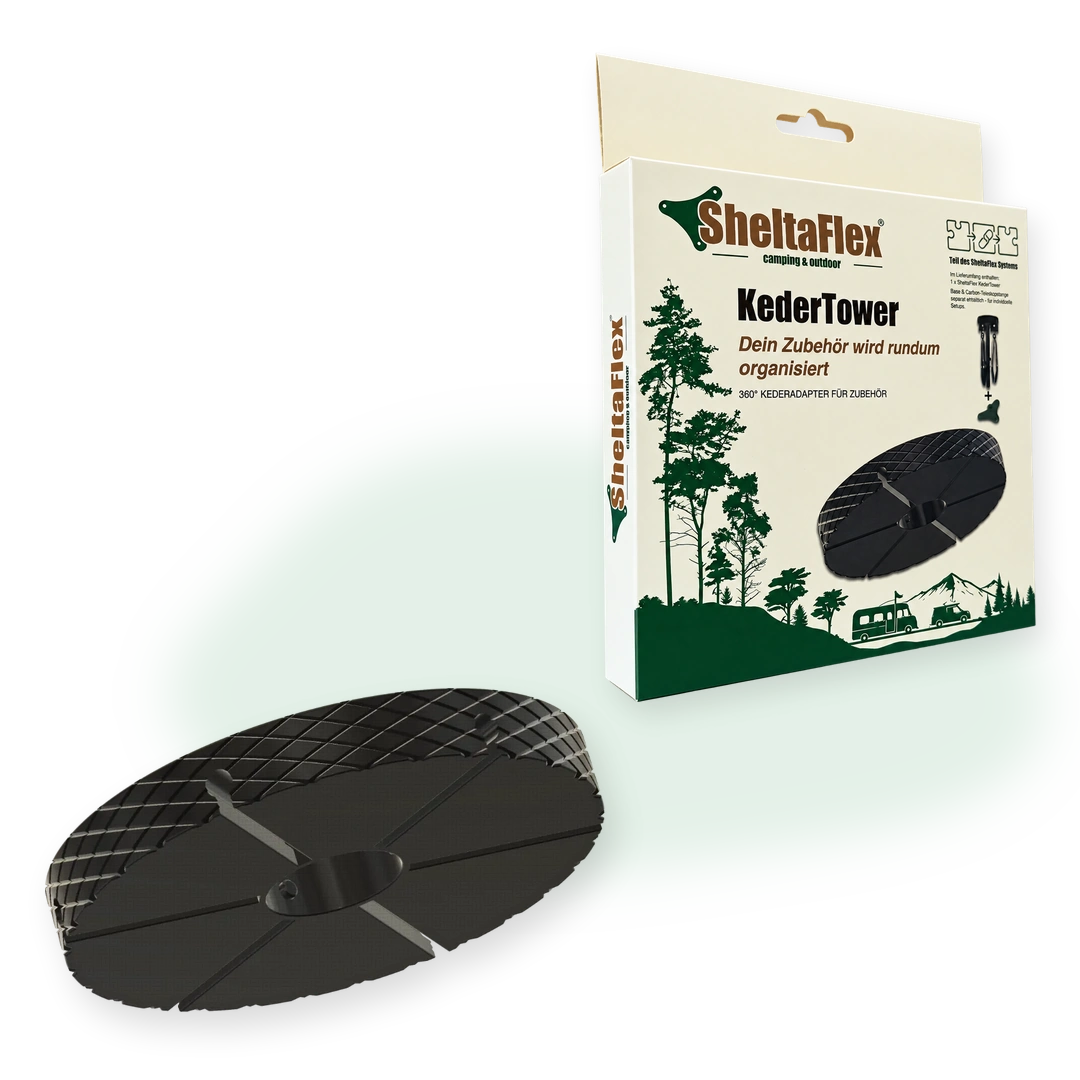 SheltaFlex KederTower mit Produktverpackung und schwarzem 360-Grad-Kederadapter aus PETG-CF