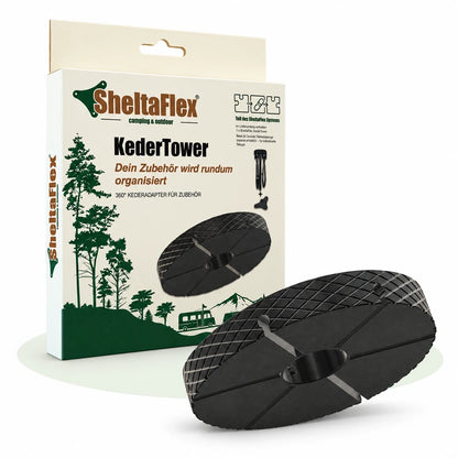 SheltaFlex KederTower mit Produktverpackung und schwarzem 360-Grad-Kederadapter