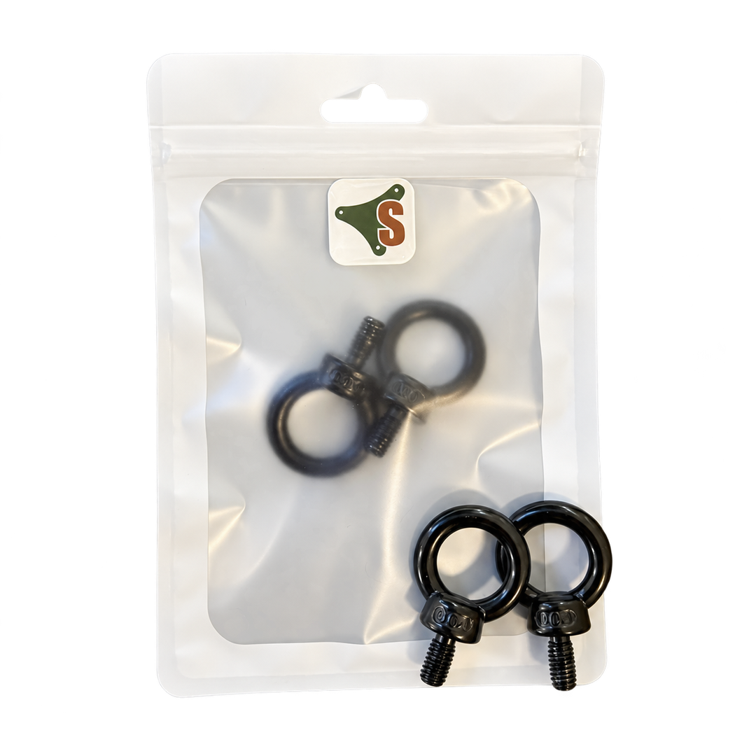SheltaFlex Ringschraube M6 Set in Einzelverpackung mit zwei schwarzen Ringschrauben.