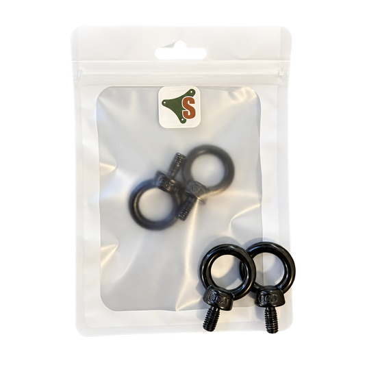 SheltaFlex Ringschraube M6 Set in Einzelverpackung mit zwei schwarzen Ringschrauben.