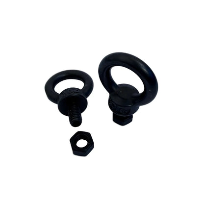Zwei schwarze SheltaFlex Ringschrauben M6 aus beschichtetem Edelstahl A2 (V2A) als Zubehör für die SheltaFlex Base.