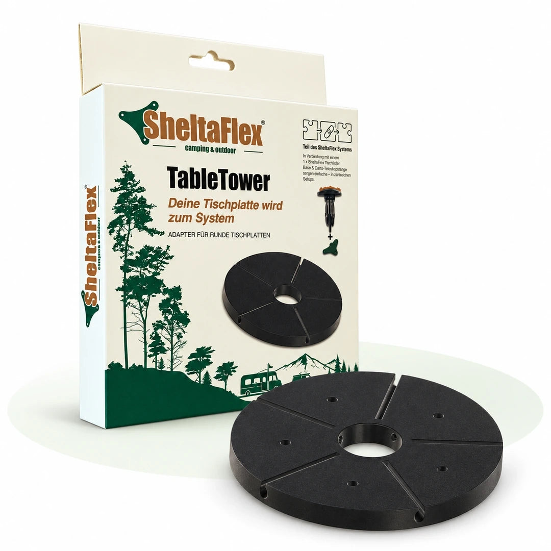 SheltaFlex TableTower mit Produktverpackung und schwarzem Tischadapter aus PETG-CF