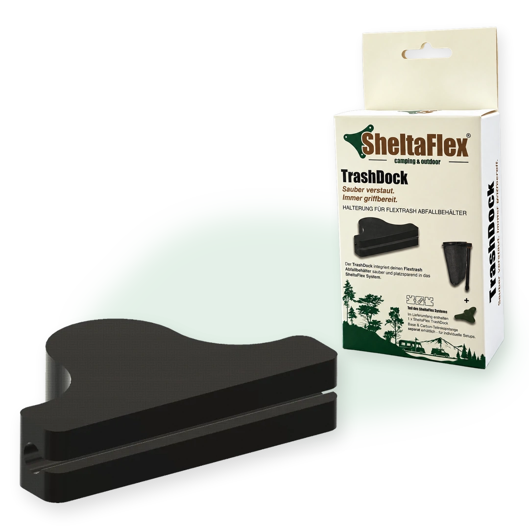 SheltaFlex TrashDock mit Produktverpackung und schwarzer Halterung für Flextrash
