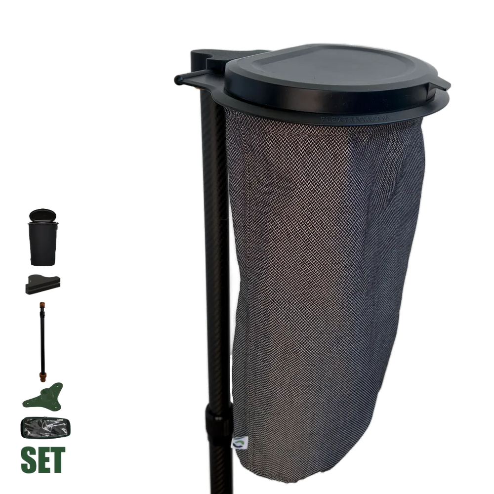 SheltaFlex TrashDock Komplett-Set mit Icons zur Darstellung von Base, Carbon-Teleskopstange, TrashDock und Flextrash Abfallbehaelter