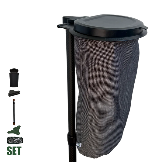 SheltaFlex TrashDock Komplett-Set mit Icons zur Darstellung von Base, Carbon-Teleskopstange, TrashDock und Flextrash Abfallbehaelter