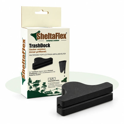 SheltaFlex TrashDock mit Produktverpackung und schwarzer Halterung für Flextrash